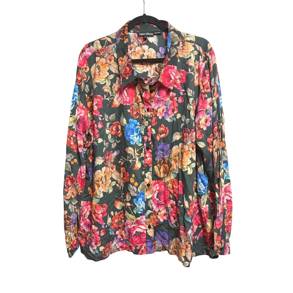 Tolani Collection Floral Modal Button Down Shirt Green Multi Long Sleeve 1X